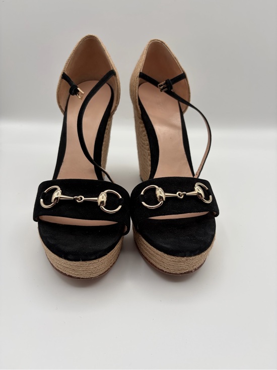 Gucci Shoes - Gucci Horsebit Kid Suede Espadrille Wedge Sandals Black Size 40